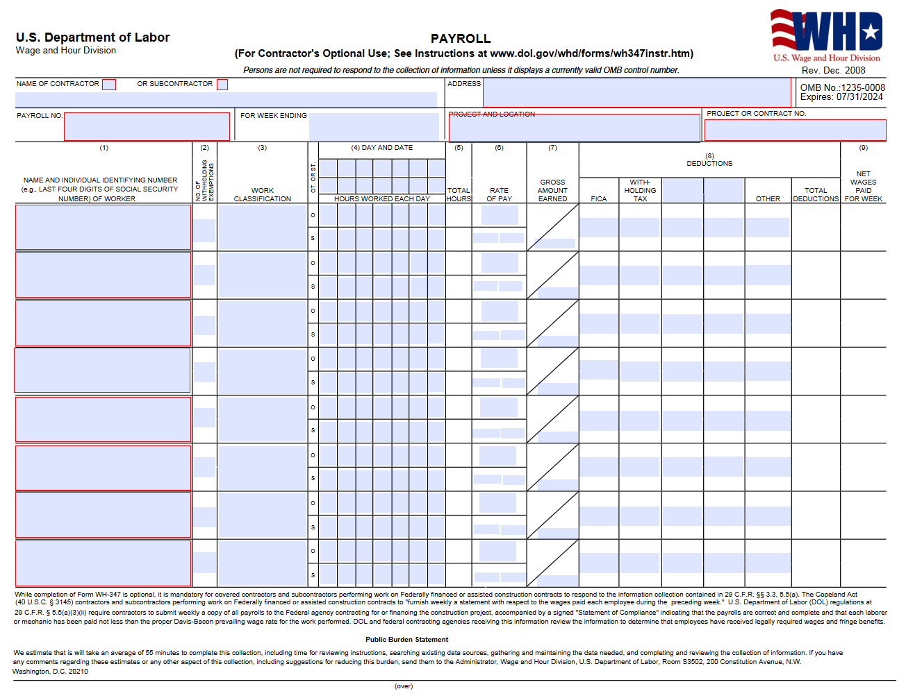 WH347 DBRA Certified Payroll Form Forms Docs 2023